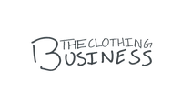 A white square graphic with the words 'THE CLOTHING BUSINESS' written in a dark gray handwritten-style font in the center.