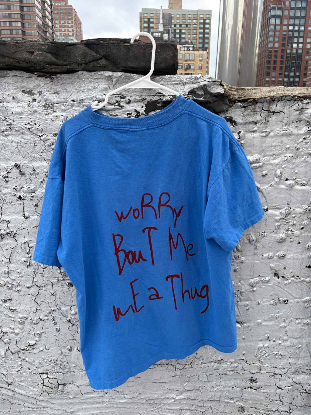 A blue graphic t-shirt hanging on a white plastic hanger against a textured concrete wall with city buildings in the background. The back of the shirt features the phrase 'worry BUT Me w/a Thug' printed in a dark red handwritten-style font.